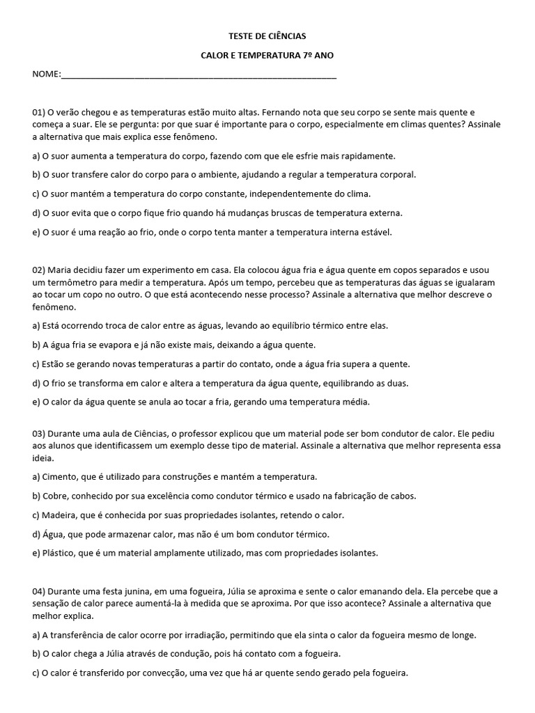 Questões sobre Calor e Temperatura 7º Ano | PDF | Calor | Convecção
