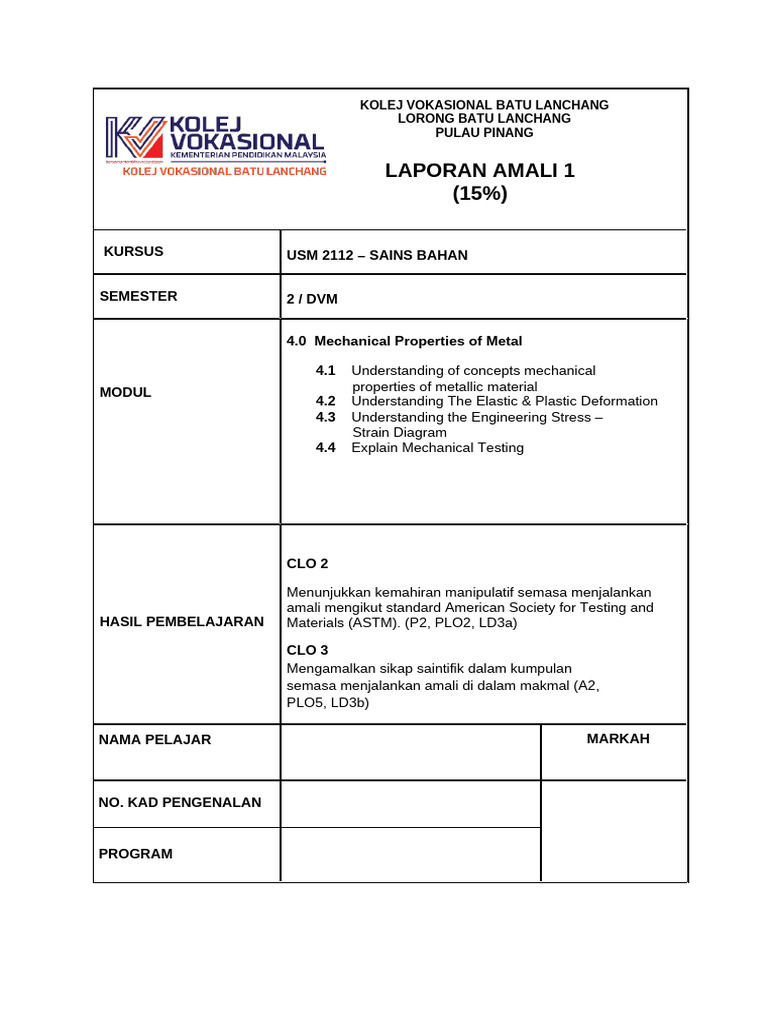 Amali 1 - Ujian Tensile (2024) Data Dari Usm | PDF