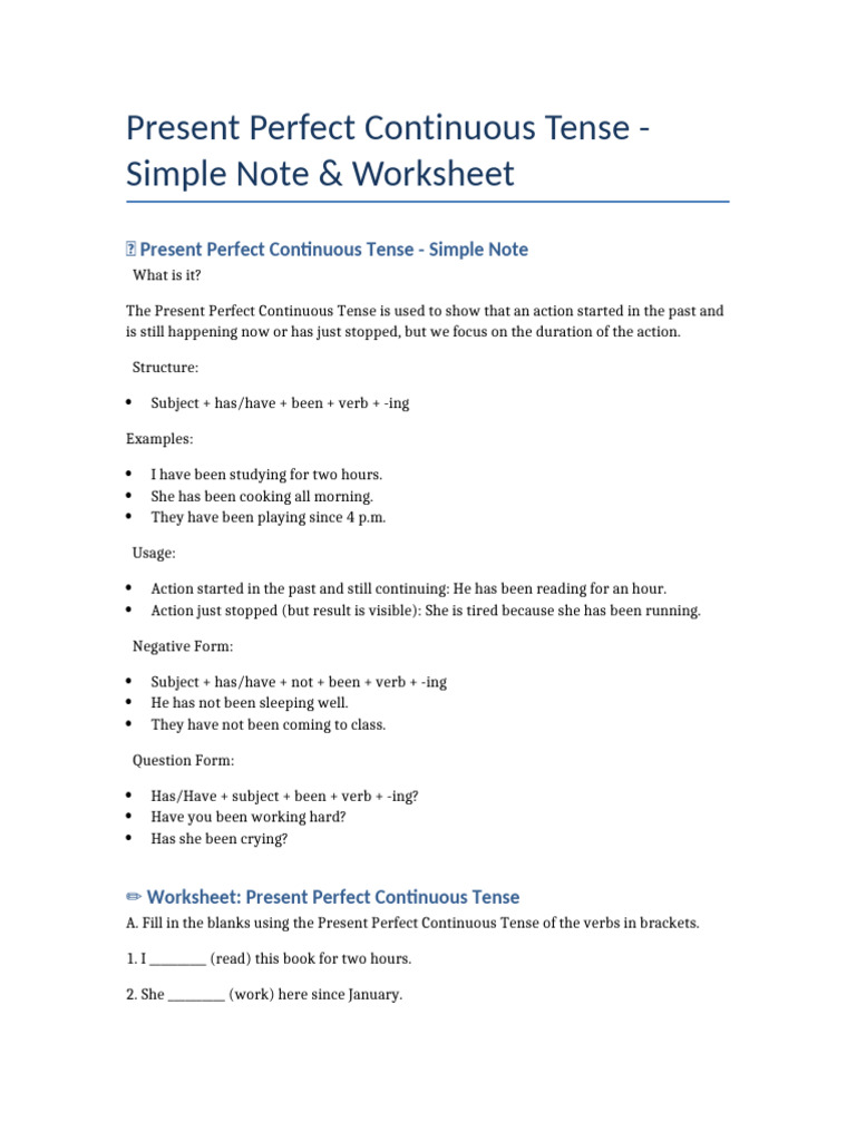 Present Perfect Continuous Note Worksheet | PDF