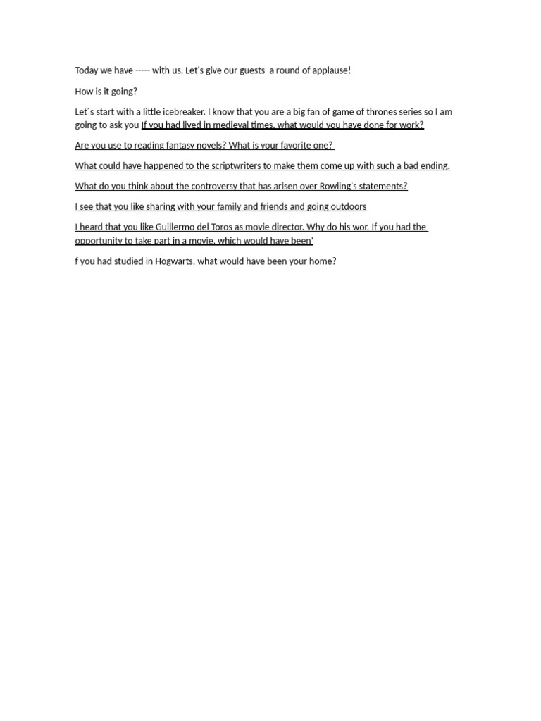 Fun Interview Questions for Fantasy Fans | PDF