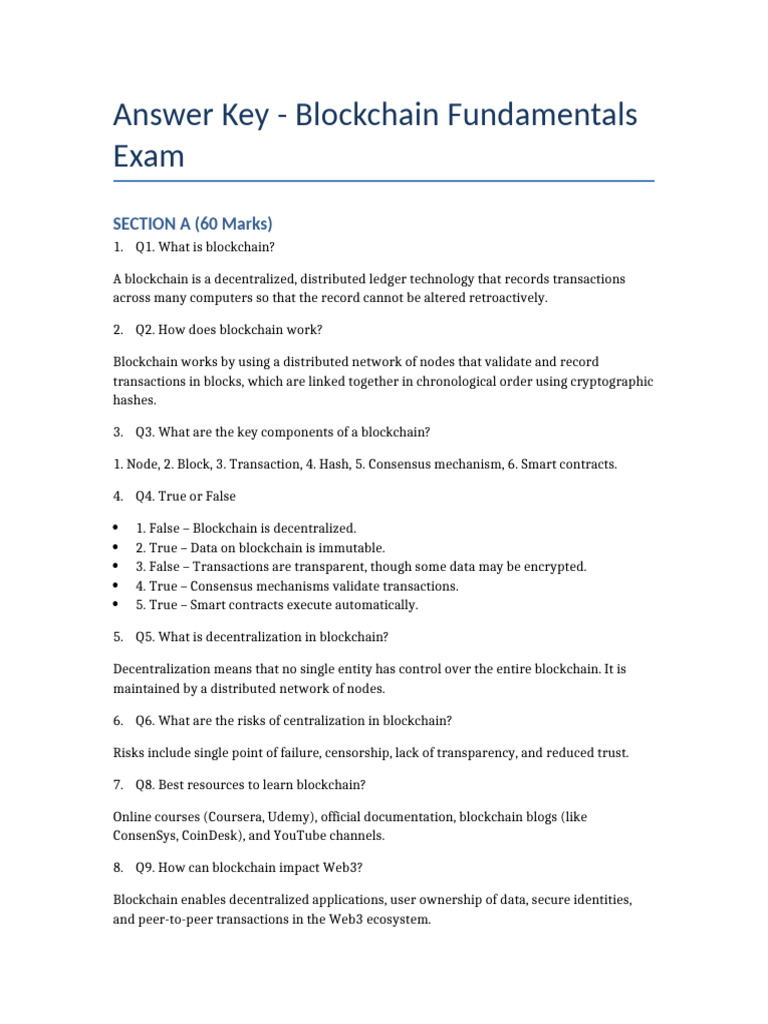 Blockchain Exam Answer Key | PDF | Distributed Computing | Applications Of  Cryptography