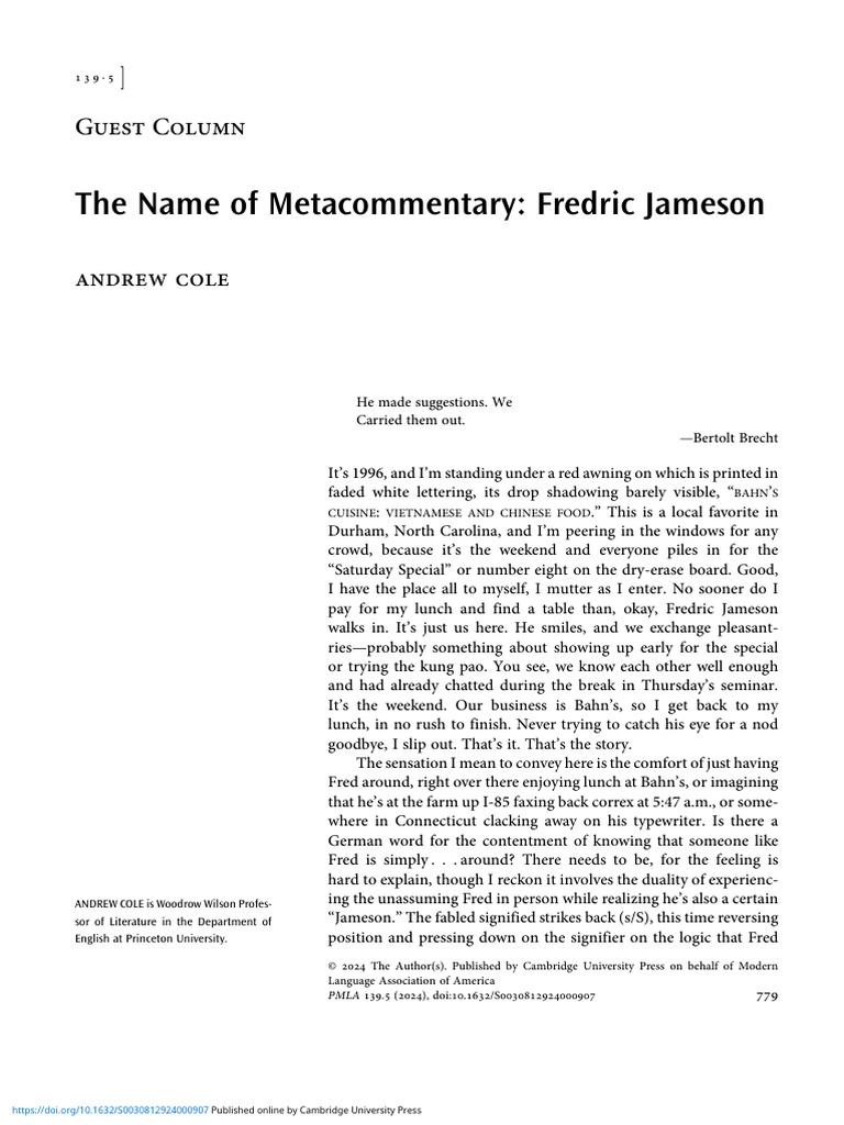The Name of Metacommentary Fredric Jameson | PDF | Thought