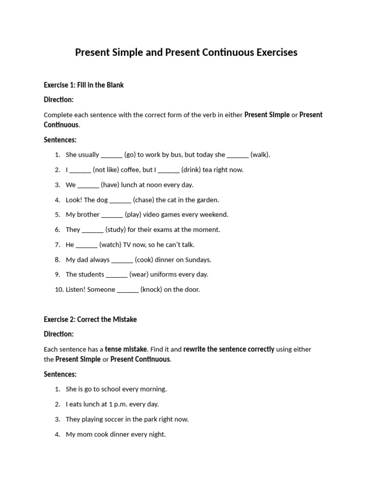 Present Simple and Present Continuous Exercises | PDF