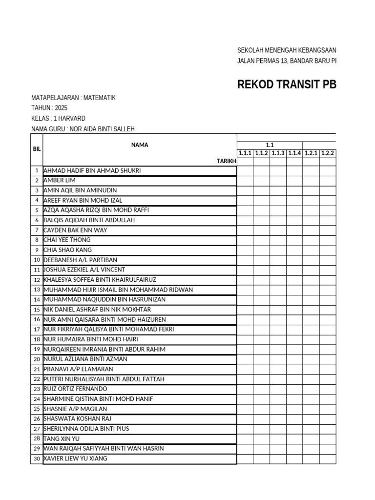 Rekod Transit Pbd Matematik Ting 1 Harvard | PDF