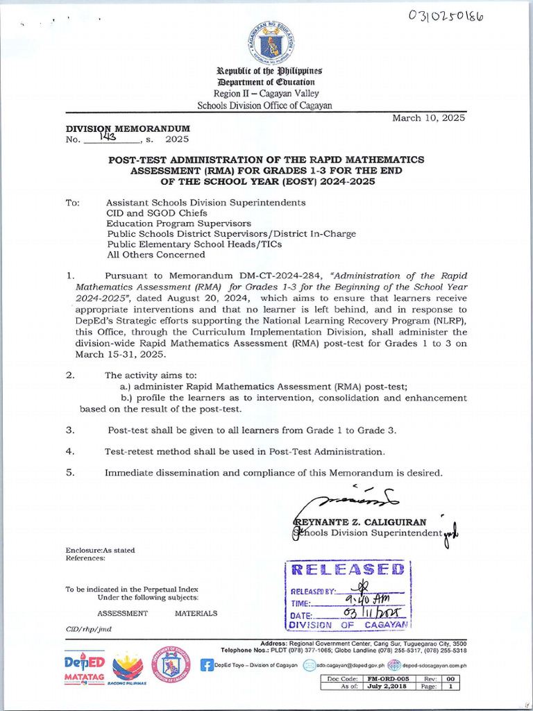 DVM No. 143 S. 2025 Post-Test Administration of The Rma For Grades 1-3 ...
