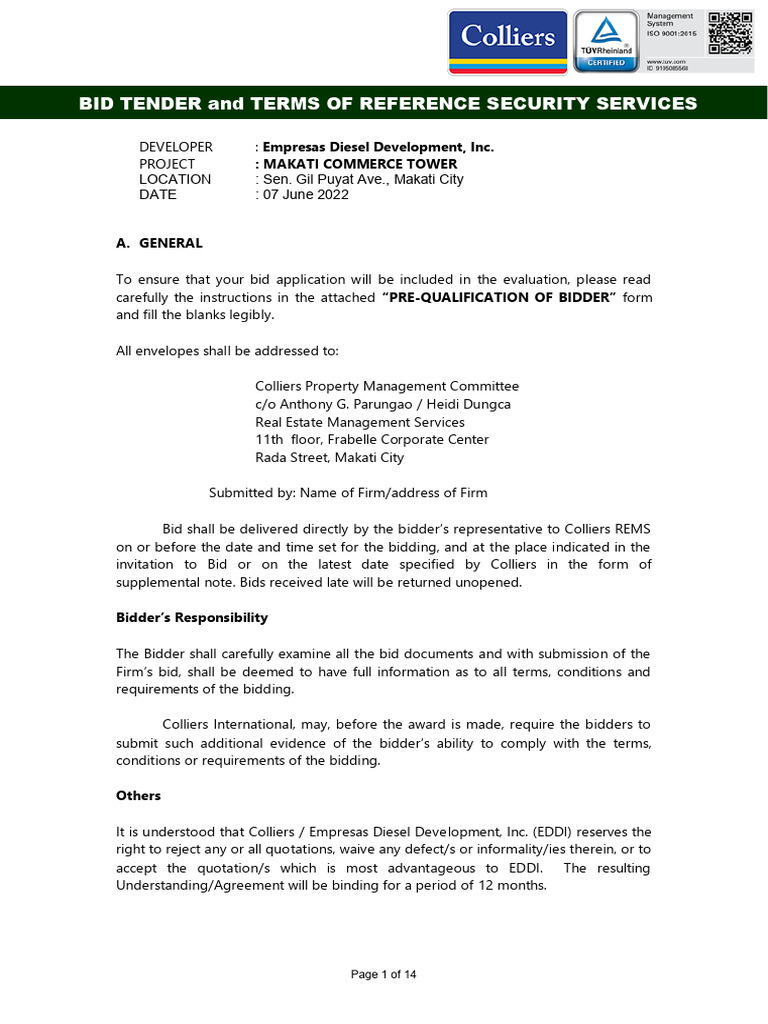 Bid Tender For Security Makati Commerce Tower | PDF | Employment | Salary