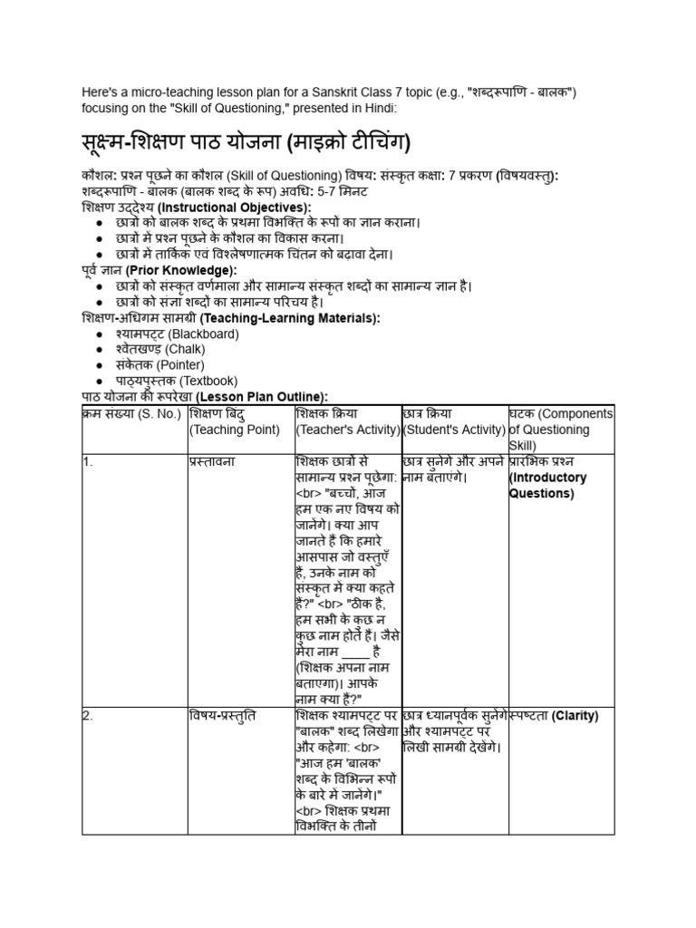 Provide Me A Micro Teaching Lesson Plan For Sanskr... | PDF
