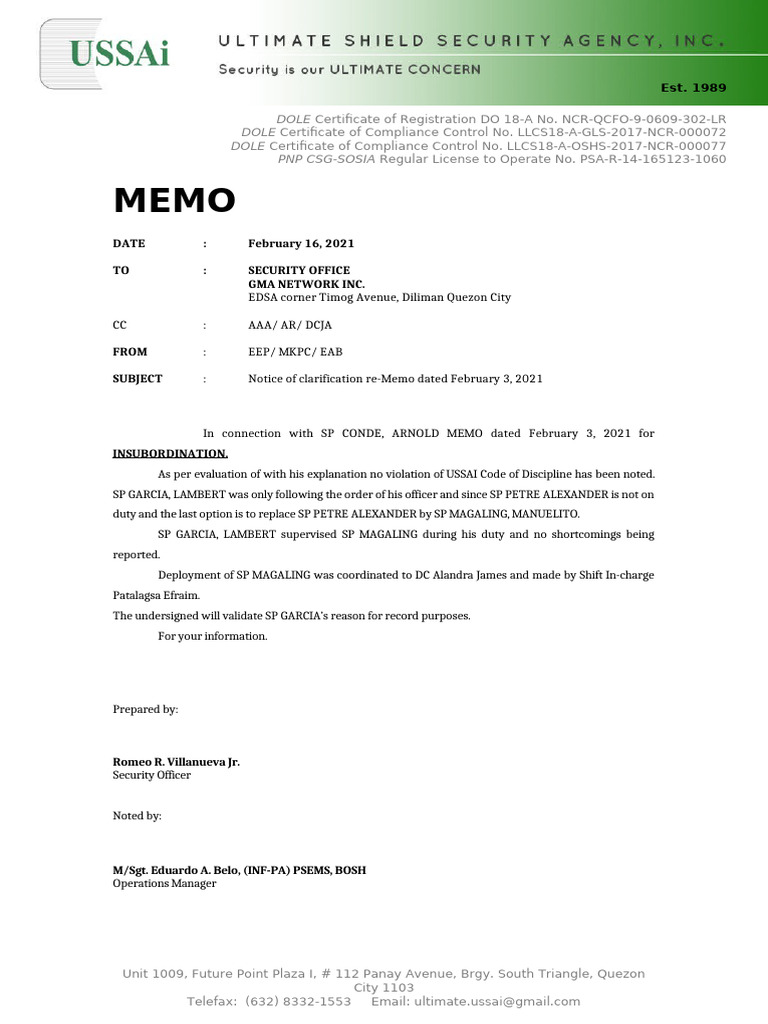 Security Memo on Insubordination Clarification | PDF