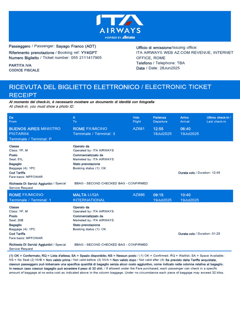 Le Ricevute Elettroniche Di Viaggio Per FRANCO SAYAGO Del 18JUL | PDF