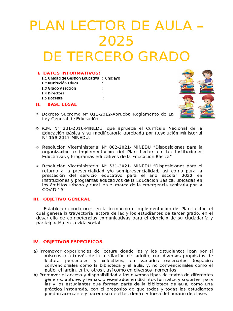 Plan Lector 2025 para Tercer Grado | PDF | Educación primaria | Salón ...