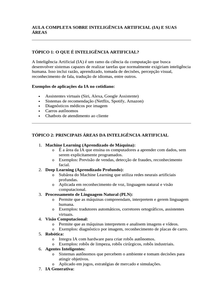 Aula sobre Inteligência Artificial e Áreas | PDF | Inteligência ...
