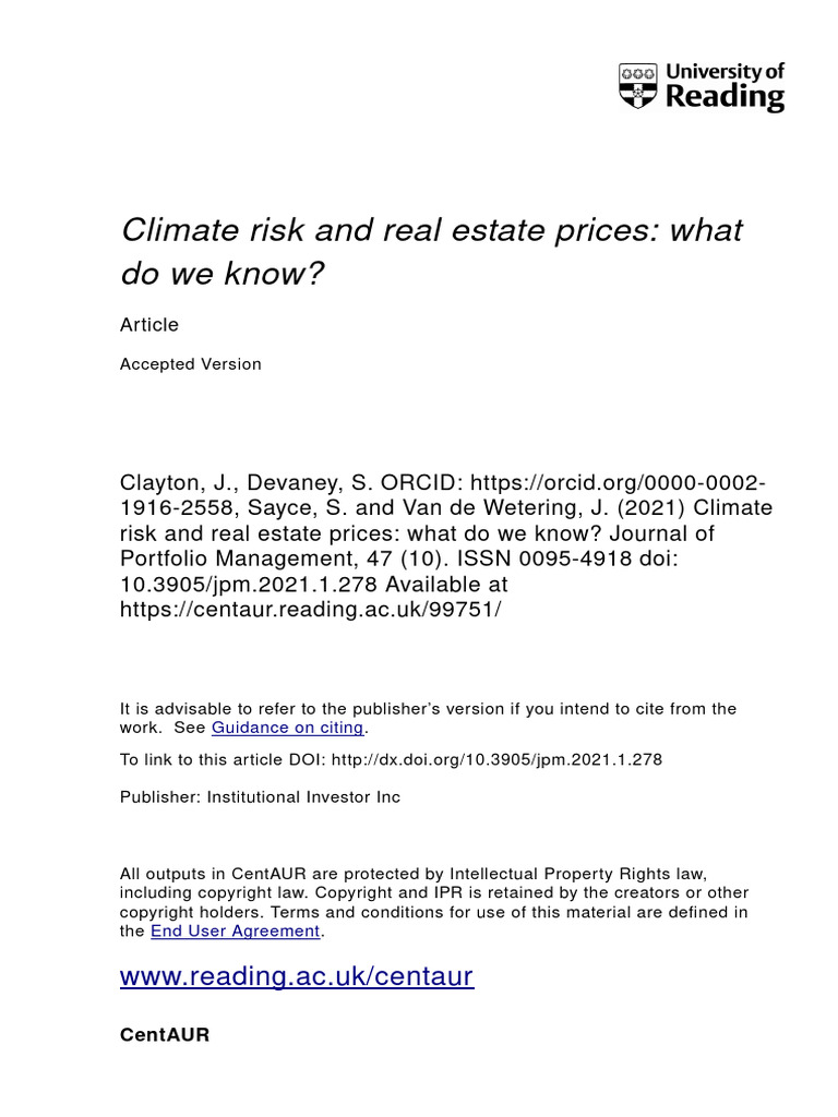 Climate Risk Impact on Real Estate Prices | PDF | Risk | Valuation ...