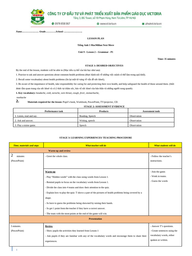 English Lesson Plan: Health Vocabulary | PDF | Vocabulary | Linguistics