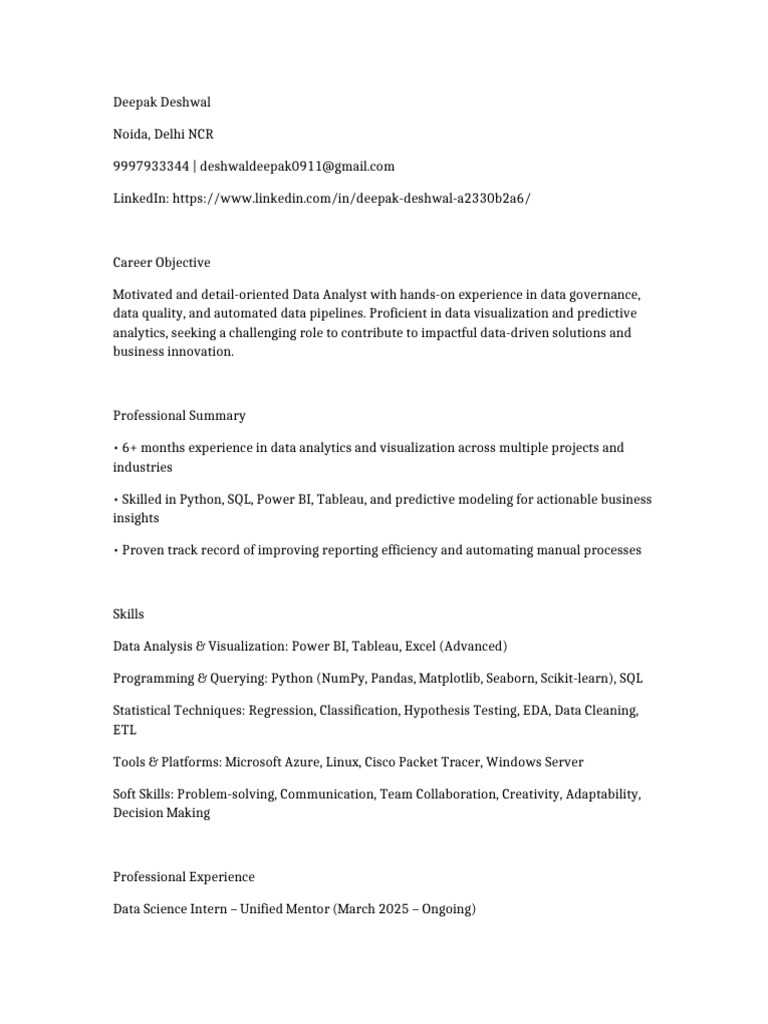 Data Analyst Profile: Deepak Deshwal | PDF | Data Analysis | Analytics