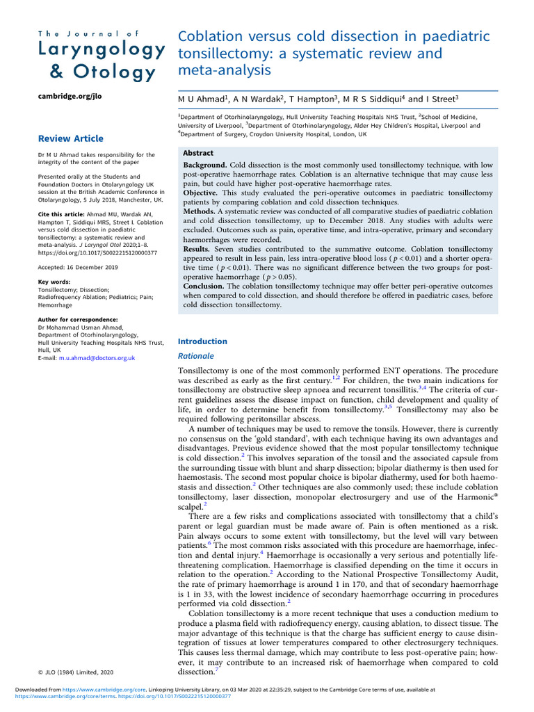 Coblation vs Cold Dissection in Tonsillectomy | PDF | Meta Analysis ...