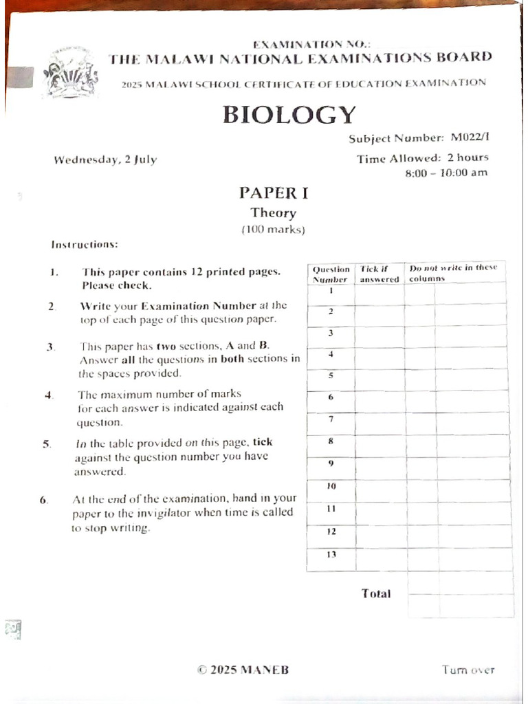 2025 Msce Bio Paper I | PDF