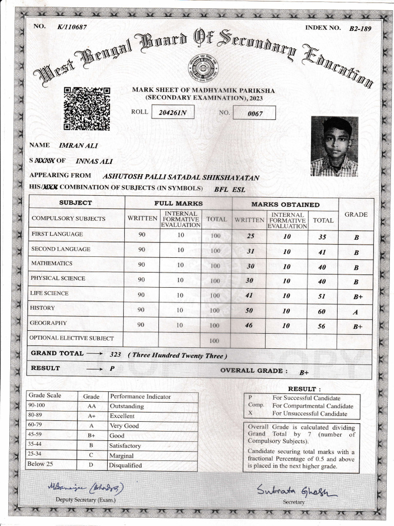 Madhyamik Pariksha 2023 Marksheet | PDF | Schools | Educational ...