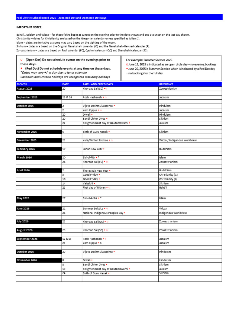 PDSB 2025-2026 Creed Days Calendar | PDF | Calendar