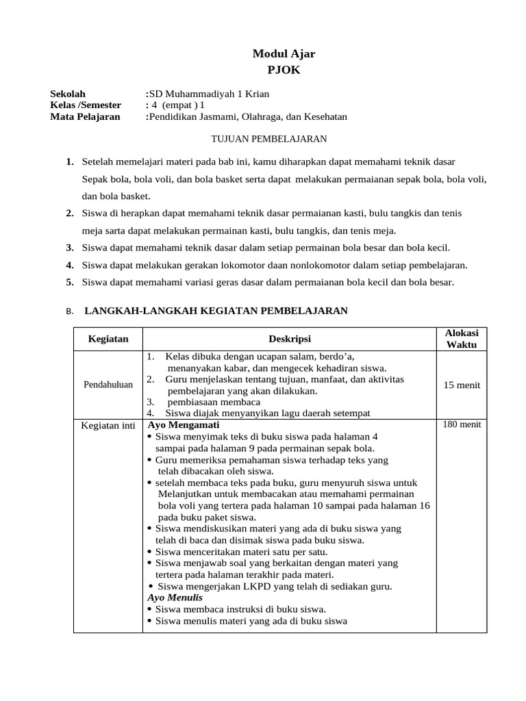Modul Ajar PJOK Kelas 4 Semester 1 | PDF