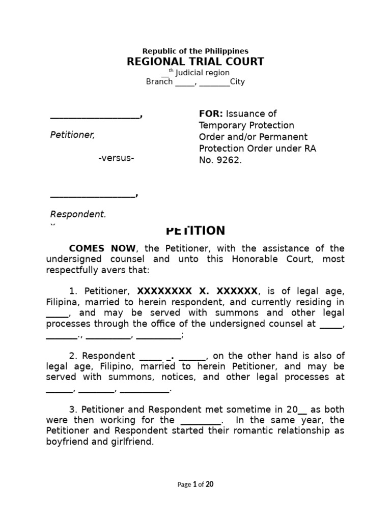 Petition for Protection Order in Philippines | PDF | Psychological ...