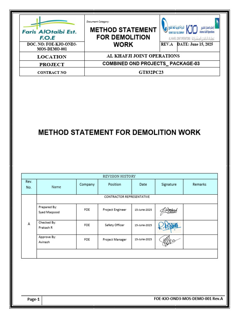 KJO Project Demolition Method Statement | PDF | Demolition | Safety