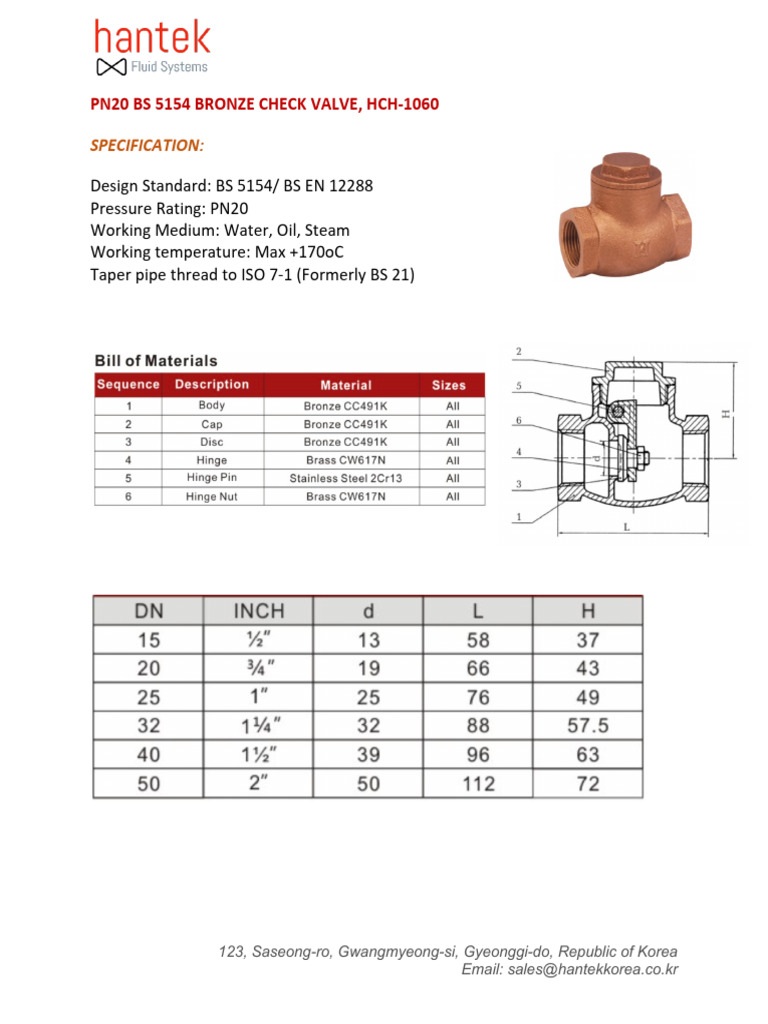 HCH 1060 Pn20 Bs 5154 Bronze Check Valve | PDF