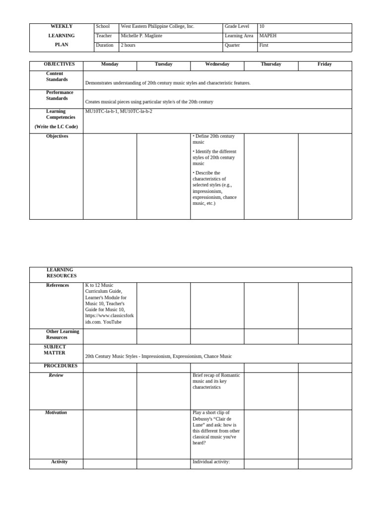 MAPEH10 - Weekly Learning Plan-1 | PDF | Learning | Behavior Modification