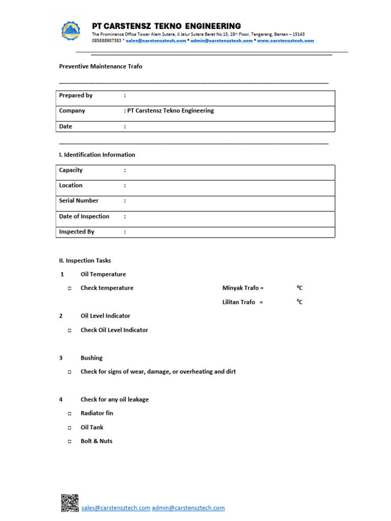 Preventive Maintenance Checklist for Trafo | PDF