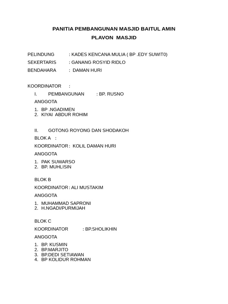 Struktur Panitia Masjid Baitul Amin | PDF