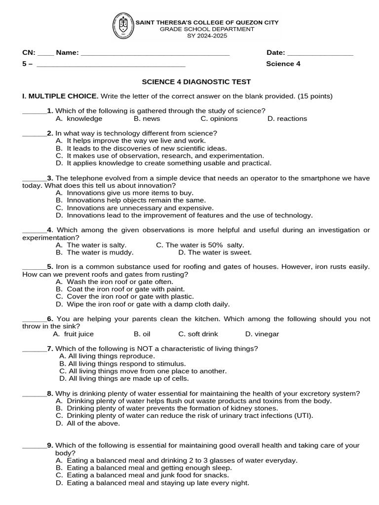 Science 4 Diagnostic Test Questions | PDF | Science | Soil