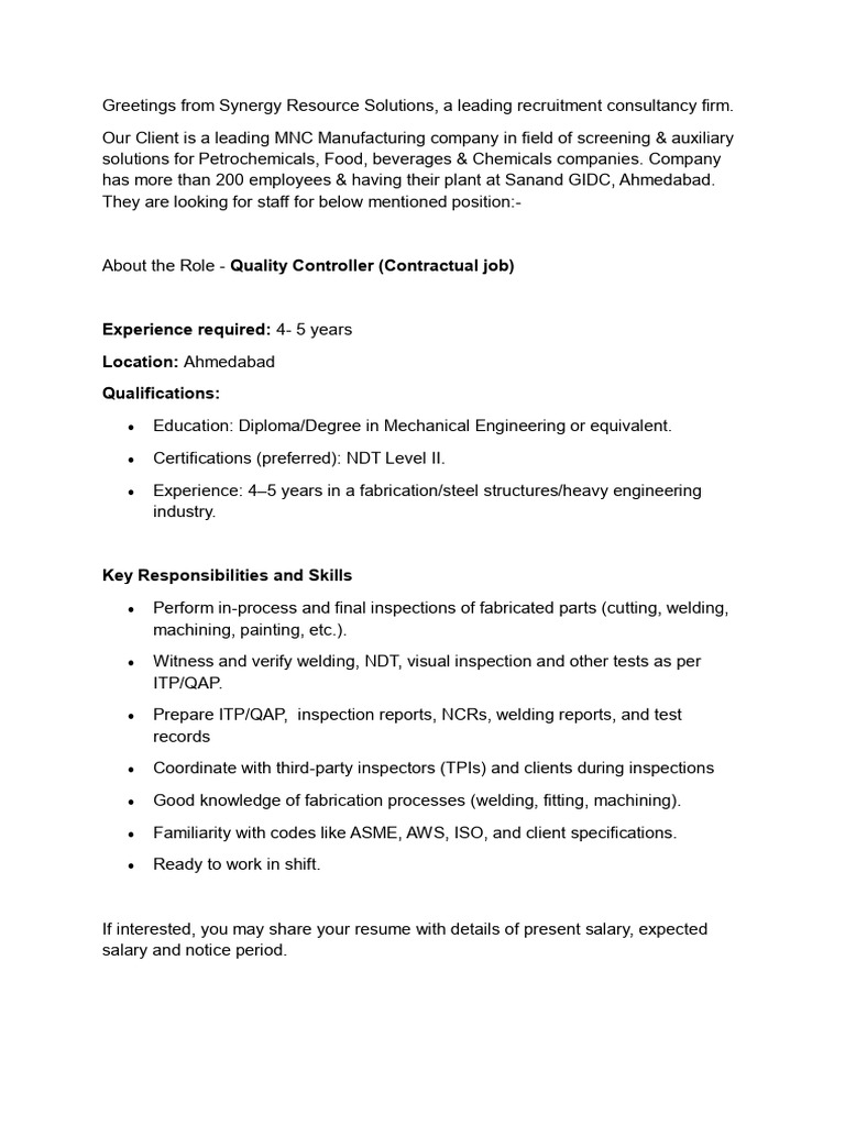 JD - Quality Controller | PDF