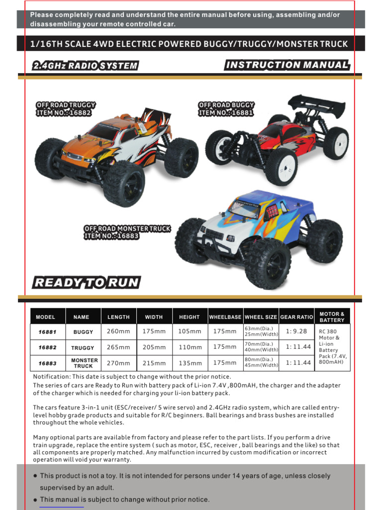 RC Car User Manual and Safety Guide | PDF | Steering | Battery Charger