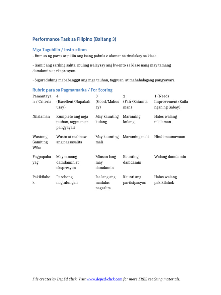 Performance Task Filipino Grade3 | PDF