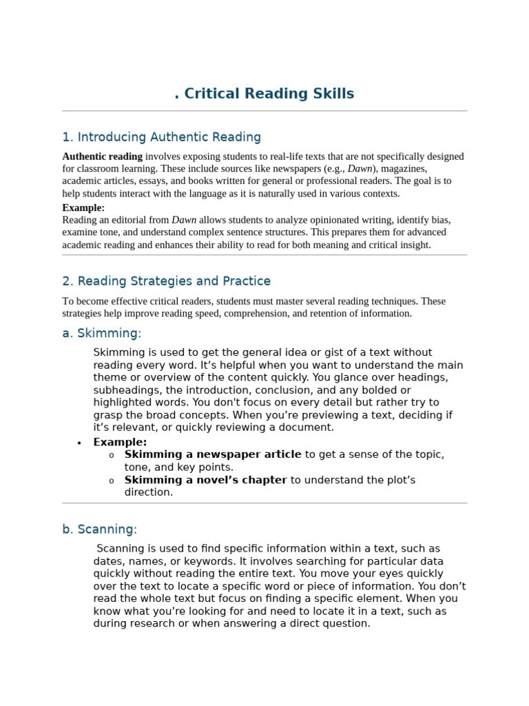 Enhancing Critical Reading Skills | PDF | Reading Comprehension | Speed ...