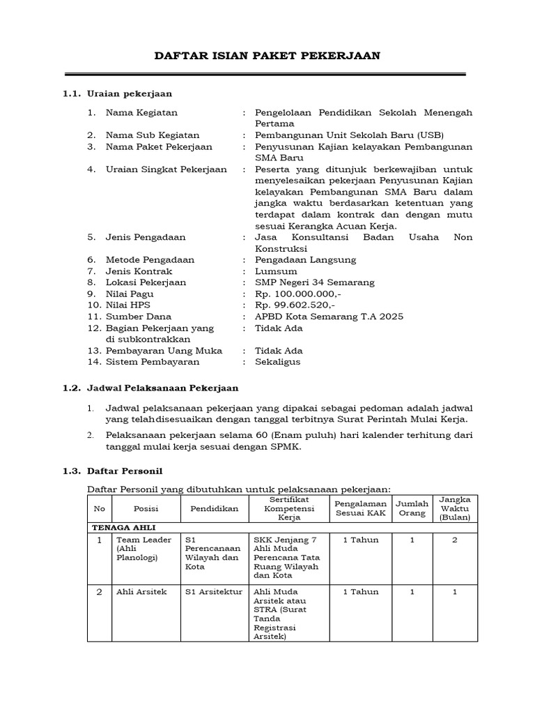 Daftar Isian Paket Pekerjaan | PDF
