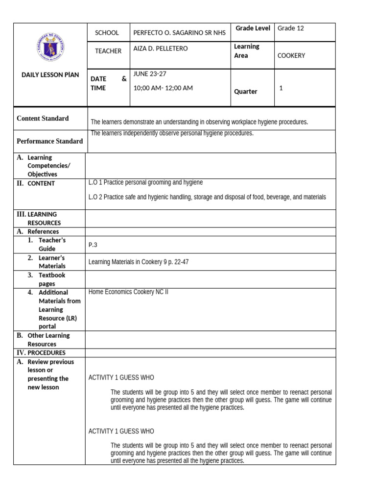 Grade 12 Cookery Hygiene Lesson Plan | PDF | Cognition | Behavior ...