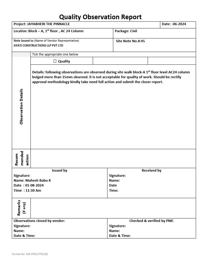 Quality Observation Report for Jayabheri Project | PDF