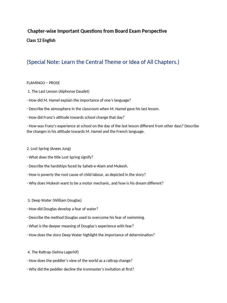 Key Questions for Class 12 English | PDF