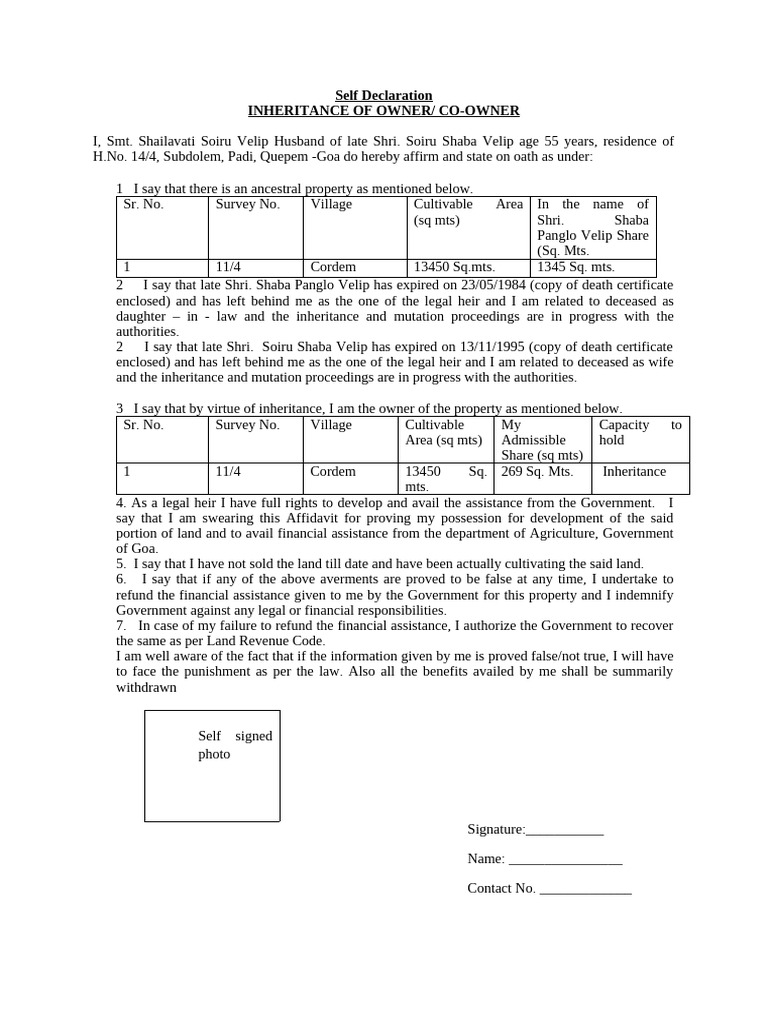 Self Declaration of Property Inheritance | PDF | Common Law | Justice
