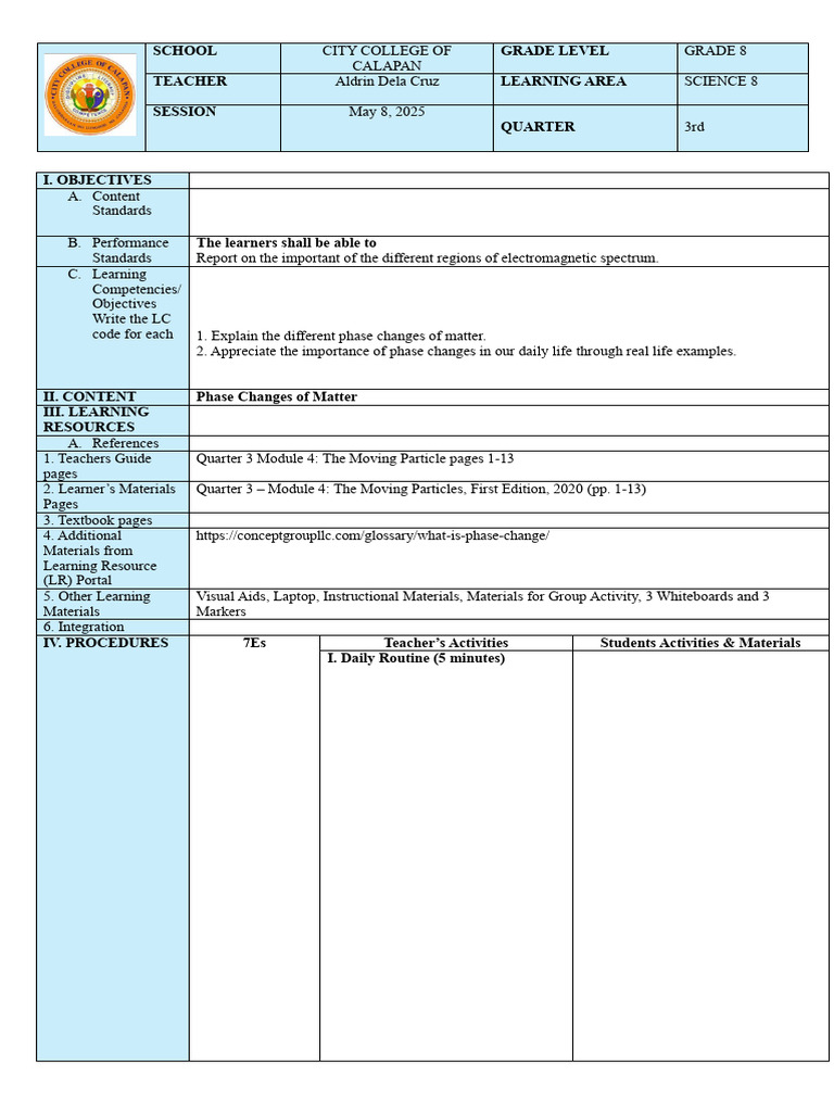 Grade 8 Science: Phase Changes Lesson | PDF | Phase (Matter) | Ice