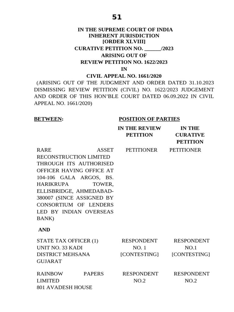 Curative Petition on Civil Appeal 1661/2020 | PDF | Bankruptcy ...