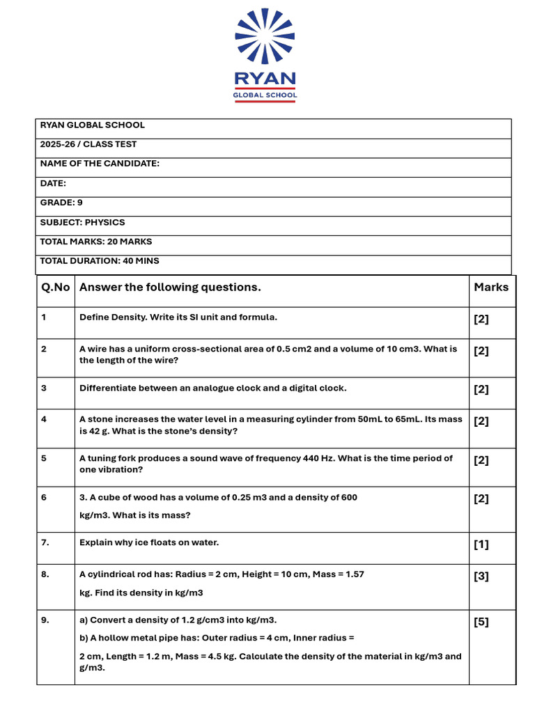 Physics Class Test: Density & Measurements | PDF