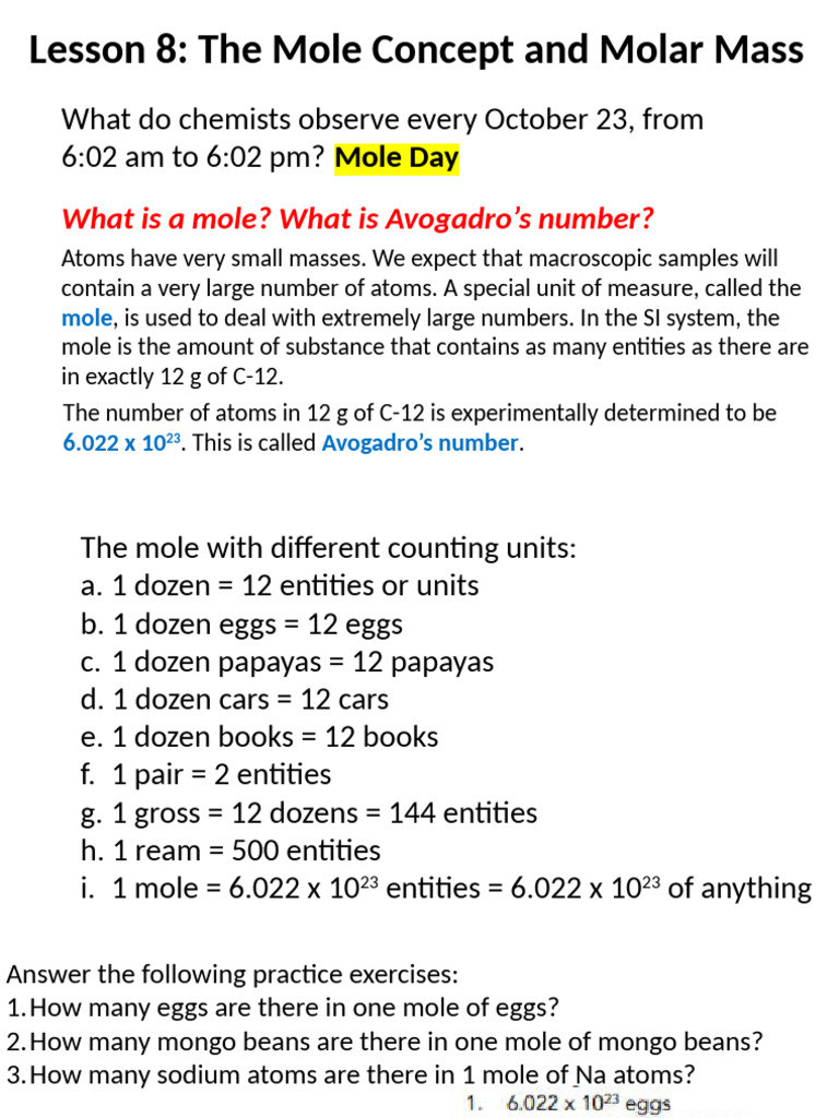Mole Day and Molar Mass Concepts | PDF | Mole (Unit) | Atoms