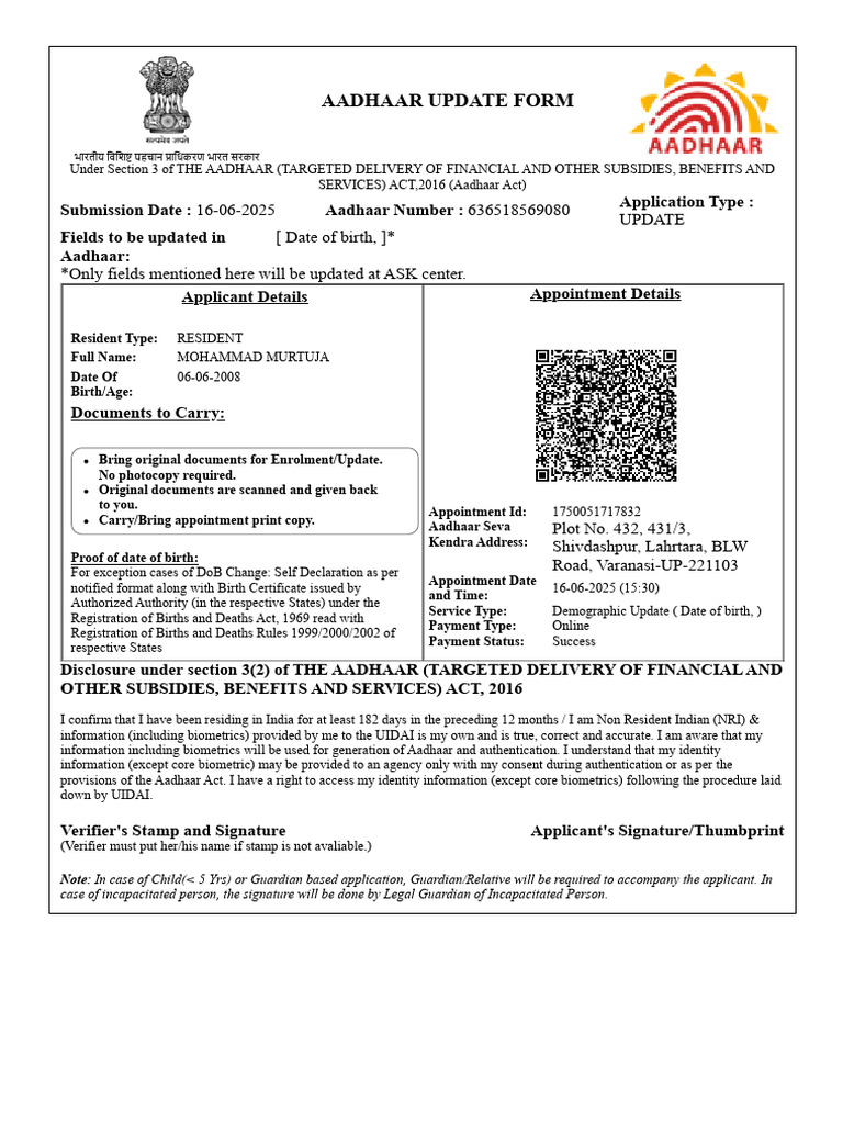 Aadhaar Update Appointment Details | PDF | Crime Prevention | Government