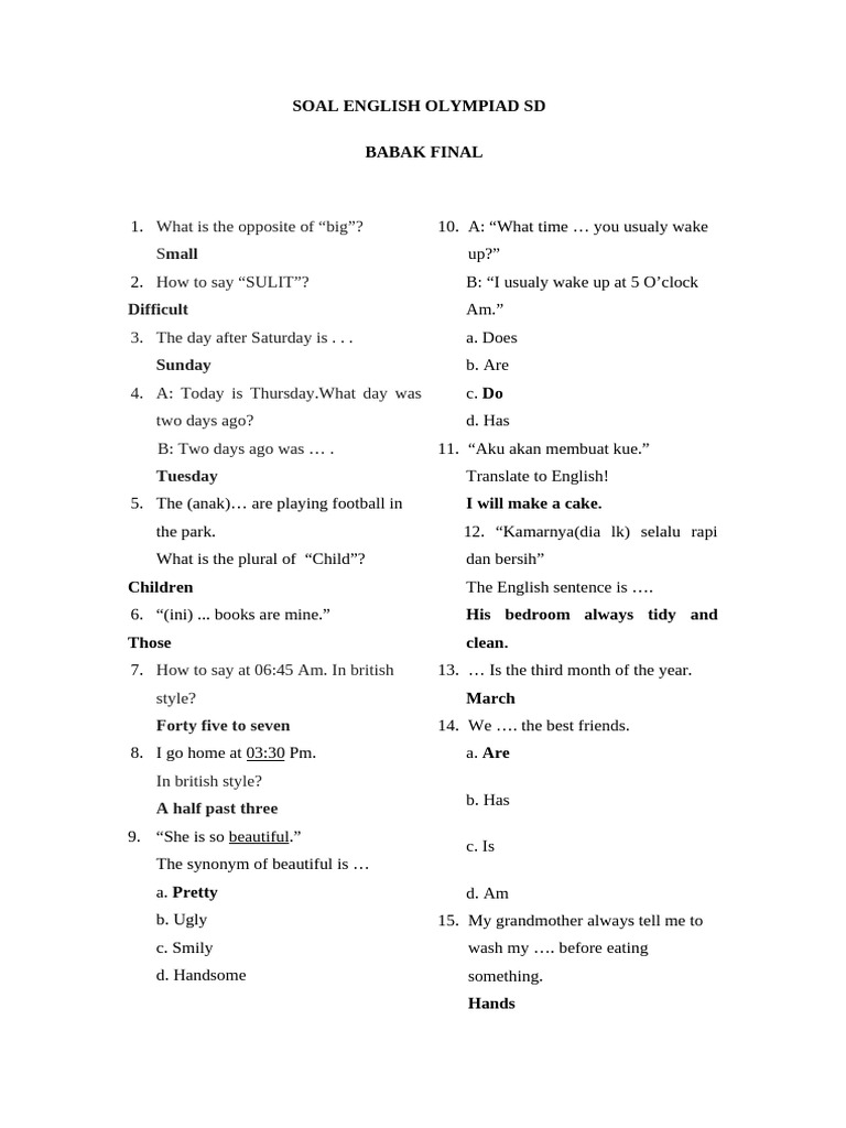 English Olympiad Questions for SD | PDF | Grammar | Linguistics