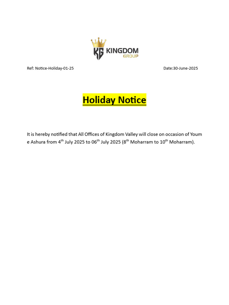 Kingdom Valley Holiday Notice 2025 | PDF