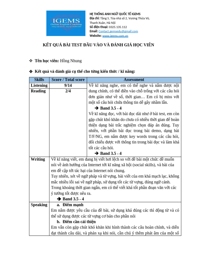 Kết Quả Bài Test Đầu Vào Và Đánh Giá Học Viên - Ielts (Từ Foundation) | PDF