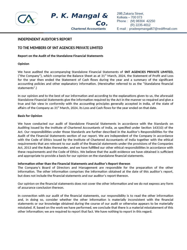 Auditor's Report for SNT Agencies Pvt Ltd | PDF | Audit | Going Concern