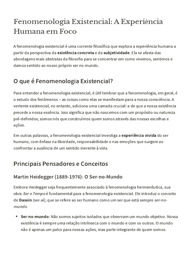 Fenomenologia Existencial A Experiência Humana em Foco | PDF ...