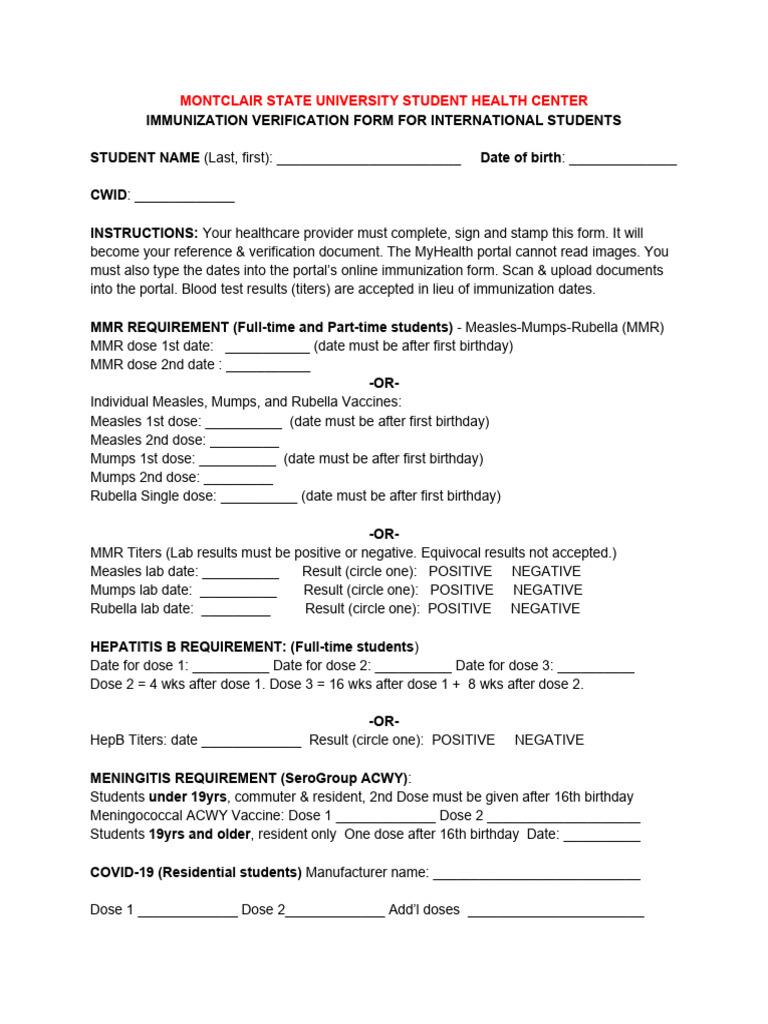 Montclair State Immunization Form | PDF | Vaccination | Animal Diseases